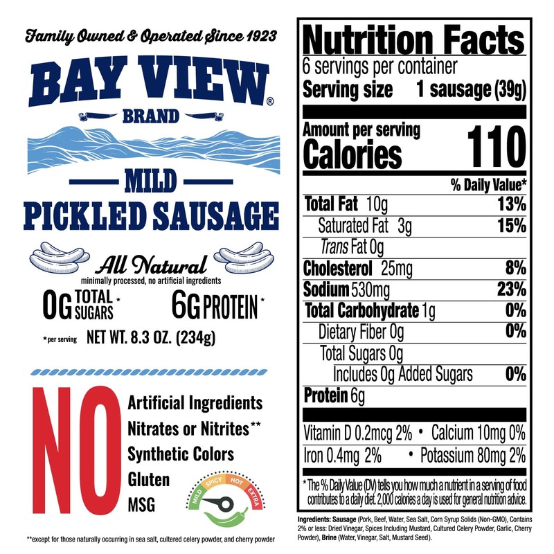 Bay View Smoked Pickled Polish Sausage, 9g of Protein, Mild,