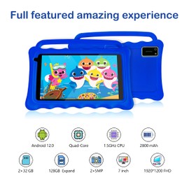 BYYBUO Kids Tablet, 7 Inch Android 12.0 GO Tablet for Kids, 1920 * 1200 Full HD Eye Protection Screen Toddler Tablets with Shockproof Case, Parental Control 7 Colors (Black)