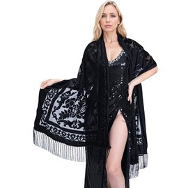 DQSSYTTX Women Velvet Shawl Long Tassel Scarf Warm Shawl Floral Scarf with Tassels