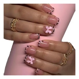 Tips Uñas Postizas Gel Para Uñas Leopardo Mariposa Rosa 24pc                                                                                          