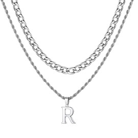 VCCKNB JEWELRY Initial Necklaces for Men, Letter Necklace A to Z, 316L Stainless Steel Cuban Link Chain, Multilayer Alphabet Pendant Necklace for Friend and Lover, 14K Gold Plated