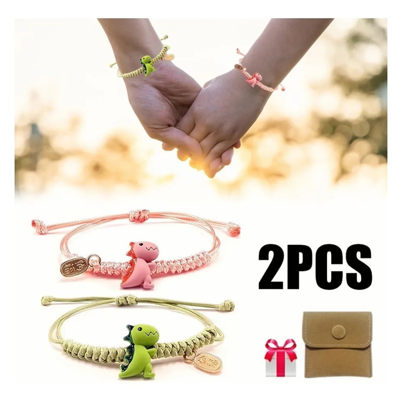 Set 2 Pulseras Ajustables Dinosaurios Verde Rosa Pareja Amistad