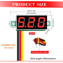 YIXISI Pack of 5 0.28 Inch Mini Digital Voltmeter, Measuring Range DC 0-100 V, Three-Wire Voltage Tester, Reverse Polarity Protection and Accurate Pressure Measurement (Red)