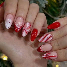 Christmas Press on Nails Medium Almond SWEKKE French Tip Fake Nails False Nails with Stripes Snowflake Xmas Tree Bow Designs Red&White Glossy Glue on Nail Winter Acrylic Nails for Women Girls 24Pcs