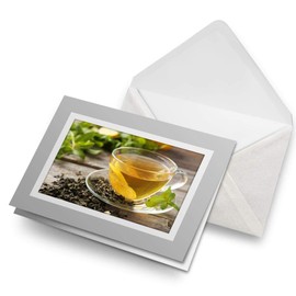 Greeting Cards Gray (Insert) - Green Tea Cup Healthy Organic Blank Greetings Card Birthday Kids Party Boys Girls #21658
