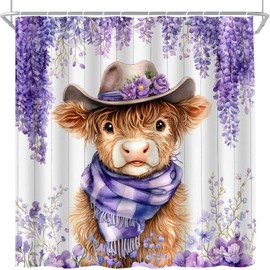 UPUMKSK Cute Highland Cow Shower Curtain Purple Flower, 70x70 Inch