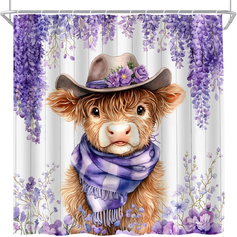 UPUMKSK Cute Highland Cow Shower Curtain Purple Flower, 70x70 Inch