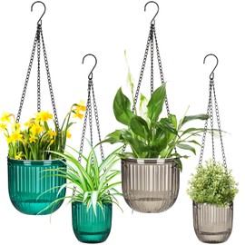 Maxcheck 4 Pcs Self Watering Hanging Planters Indoor Gift 6.5'' 4.5'' Hanging Flower Pots Baskets Outdoor Self Watering Plant with 3hooks Drainage Holes for Home(Emerald,Grey)