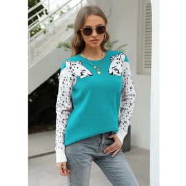 Mansy Women's Casual Long Sleeve Crew Neck Cute Animal Leopard Print Knitted Pullover Sweater Tops Blue