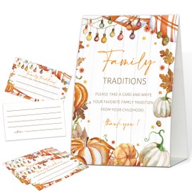 Family Traditions Pumpkin Fall Baby Shower Games, 1 Sign & 50 Cards, A Little Pumpkin Is On The Way Decorations for Gender Reveal, Birthday, Pregnancy Announcement Thanksgiving Activities