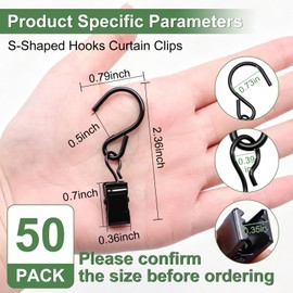 Bemaka 50 Pack S Hooks Curtain Hanging Clips, Stainless Steel Curtain Hooks 2.4 Inch Metal Clips Hook for Hanging Photo Christmas Party Lights Courtyard Decoration Art Craft