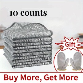 Free Pair of Metal Wire Gloves - 10 Counts Multipurpose Non-Scratch Wire Dishcloths – Reusable Dishwashing Rags for Wet & Dry Use, Kitchen Cleaning Cloth for Sinks, Pans & Dishes, Washable & Durable. - specification: 10 Pieces of Dishcloths (Includes One