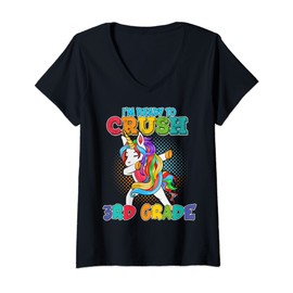 Womens Ready to Crush 3rd Grade Dabbing Unicorn Girl Back to School V-Neck T-Shirt