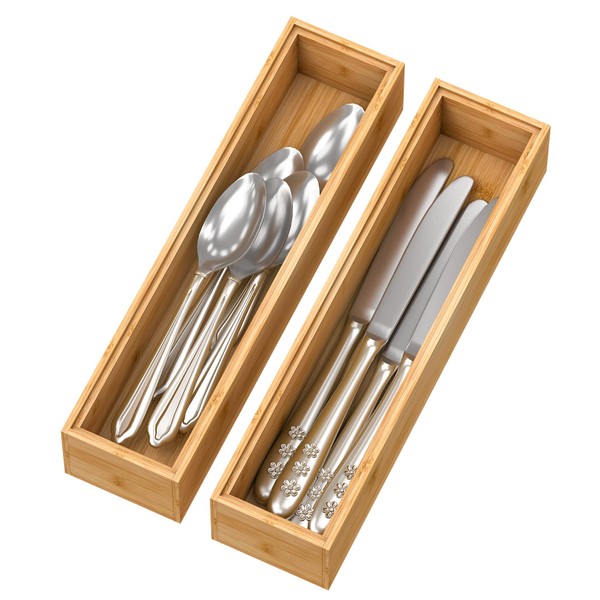 Bamboo Kitchen Drawer Organizer, Stackable Silverware Tray Utensil Organizer Cutlery