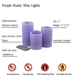 Adoria Purple Flameless Candles Set 3- Real Wax Pillar Candles Battery for Color Changing/Flickering/Night Light/Timer-Lavender Scented -Dia3 xH4/5/6“,Home Decor.Camping,Party