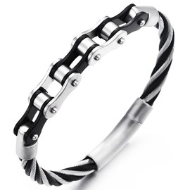 COOLSTEELANDBEYOND Mens Steel Silver Black Motorcycle Bike Chain Twisted Wire Bangle Bracelet, Spring Clasp（CA）