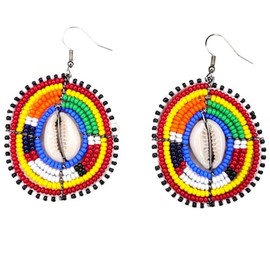 Shop Asali's Maasai Kenyan Circle Beaded Cowrie Shell Earrings - Red, Orange, Green, White, Yellow, and Black (Blue)