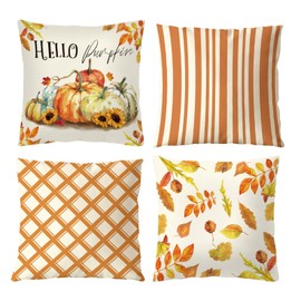 Aitsite Autumn Cushion Cover, Pack of 4 Autumn Cushion Covers, 45 x 45 cm, Checked Striped Pumpkin Cushion Covers, Autumn Decorative Cushion Set, Sofa, Living Room Decoration