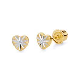 14k Yellow Gold Diamond Cut Heart Stud Earrings with Screw Back