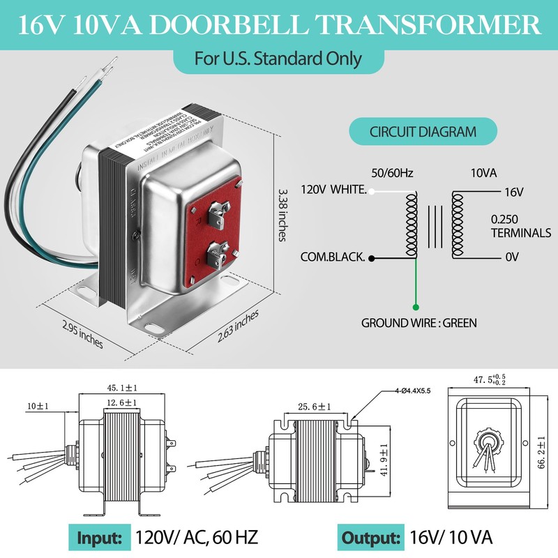 Landhoow 16V 10VA Doorbell Transformer with Built in Fuse, Safe