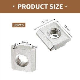 SMLOPLOM Pack of 30 Slot Nuts, Sliding Groove Made of Carbon Steel, M8 Square for Aluminium Profile Hammer Head Screws, Silver