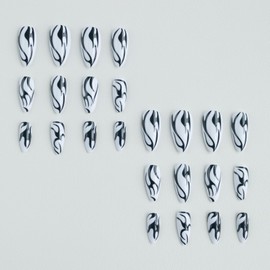 MERVF Medium Press on Nails Almond Fake Nails Black Flame Glue on Nails White Stiletto Acrylic Nails with Ghotic Design Press ons False Nails 24pcs Glossy