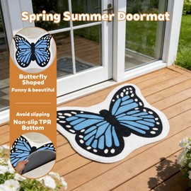 GeoDB Butterfly Shaped Bath Rug 27" x 23" Non-Slip Cute Thin Fluffy Entrance Door Mat, Small Area Accent Indoor Rug for Bathroom Bedroom Garden House, Absorbent Washable Quick Dry, Blue
