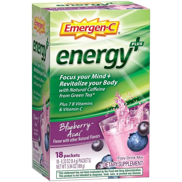 Emergen-C Energy+ Fizzy Drink Mix Packets Blueberry-Acai - 18 packets, Pack of 2