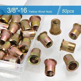50 tuercas de remache de 3/8 a 16 de acero al carbono chapados en zinc, tuerca de tuerca de cabeza plana con rosca (amarillo, 3/8 "-16)