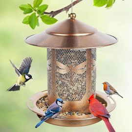 Bird Feeder, Heavy Duty Metal Wild Bird Feeders for Outdoors Hanging, Retro Lantern Shape Birdfeeder with Squirrel Proof Buckle for Garden Yard Outside Backyard