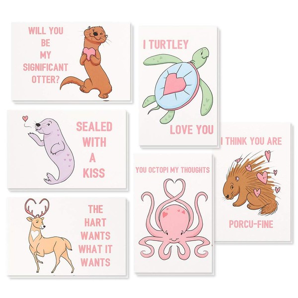 Animal Pun Valentine's Cards with Envelopes, 6 Designs (4 x 6 In, 48 Pack)