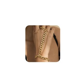 JWICOS Charm Punk Cuban Ring Slave Bracelet Vintage Gold Flat Cuban Hand Chain with Finger Ring for Women Set of 1 (Gold)