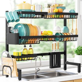 Sakugi Over The Sink Dish Drying Rack - Adjustable 3 Tier XX-Large Capacity Stainless Steel Drainer with Cutlery & Utensil Holders, Kitchen Storage & Organization, 31.5"-39.5"L x 12"W x 30.5"H, Black