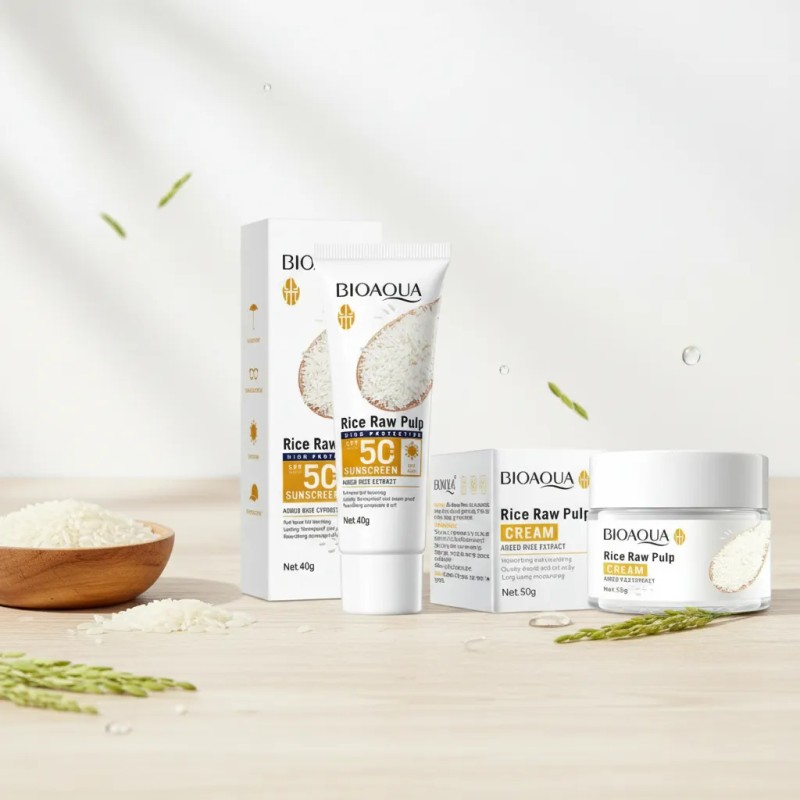 Kit Bioaqua Rice Raw Pulp Crema Facial Protector Solar Spf