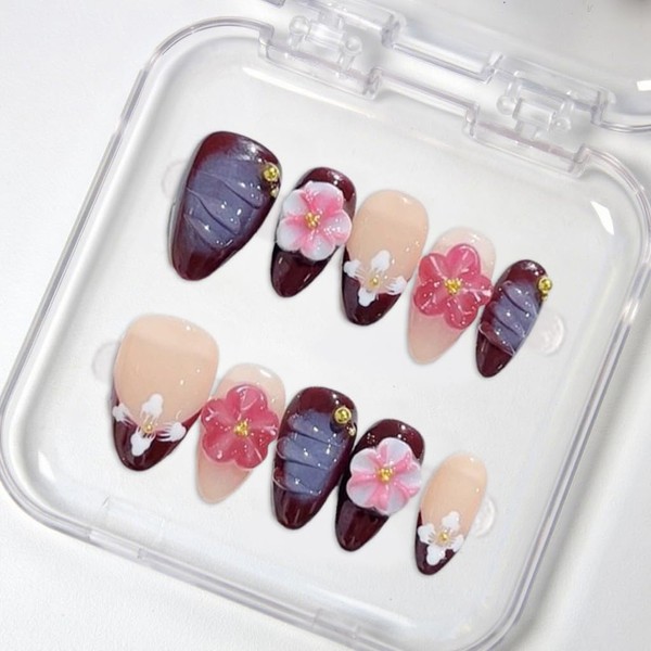 Almond Press on Nails Short Fake Nails with 3D Flower