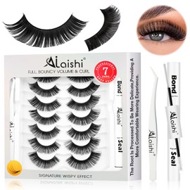 AILAISHI Wispy False Eyelashes Kit With Bond, Seal and Tweezer, 7 Pairs Natural Look Fake Cat Eye Lashes Strips Thin Band Extensions Waterproof Easy Eyelashes for Beginners DF100