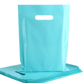 POPGIFTU Blue Plastic Carrier Bags 100 Pack - 23x30cm Glossy Blue Merchandise Retail Shopping Bags with Handles for Party Favors, Birthday, Boutique, Trade Shows, Small Business & Retail Store