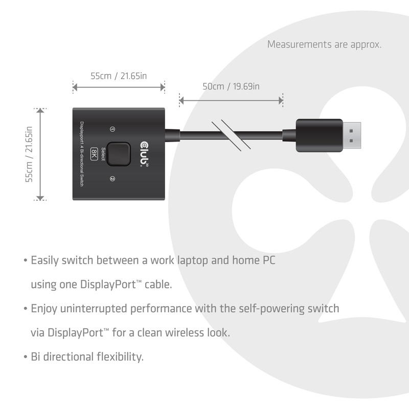 Club 3D DisplayPort Bi-Directional Switch, 8K60Hz / 4K120Hz, 2 Inputs,