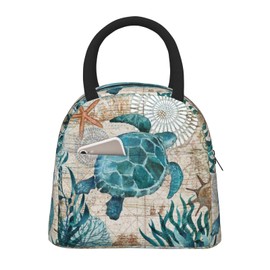 Duduho Blue Sea Turtle Nautical Map Retro Ocean Lunch Bag Large Tote Bag Reusable Lunch Box Container For Women Men School Office Work, 10l
