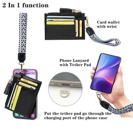 LIYSOYO Slim Card Holder Wallet For Women, RFID Leather Credit Card Wallet, Small Wallet Wristlet Coin Purse With Wrist Lanyard Strap and Hand Free Phone Tether Pad, Black, Slim Card Holder Wallet