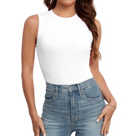 AUHEGN Womens Sleeveless Racerback High Neck Casual Basic Rayon Ribbed Fitted Tank Top White Large