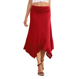 PrinStory Women's Skirts Summer Midi Skirts Flowy Handkerchief Hemline Casual Soft Fit Skirt Asymmetric Skirts (Red, XL)