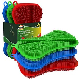 6 Pack Silicone Scrubbing Sponge by SCRUBIT - Real Silicon Non Scratch & Non Smell Kitchen Scrubber Pad for Dishes, Fruit, Vegetable - Reusable Cleani