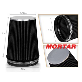Mortar Aftermarket Auto Air Filter – 6 In Flange ID Car Enthusiast Class Universal Cold Air Intake Gulps in More Air for More Engine Power & Passionate Induction Sound, Length 8 In, Black