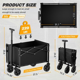 RoveStep Lite Collapsible Folding Wagon - Lightweight Utility Cart, 50L Capacity, 220 lbs Load, Compact Fold, Perfect for Beach, Garden, Shopping, Outdoor Activities