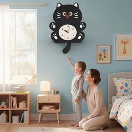 FASHION in THE CITY Cute Cat Wall Clock, Silent Non-Ticking Kids Wall Clock with Swinging Tail, Battery Operated Wall Clocks for Bedroom, Living Room, Nursery, Home Decor