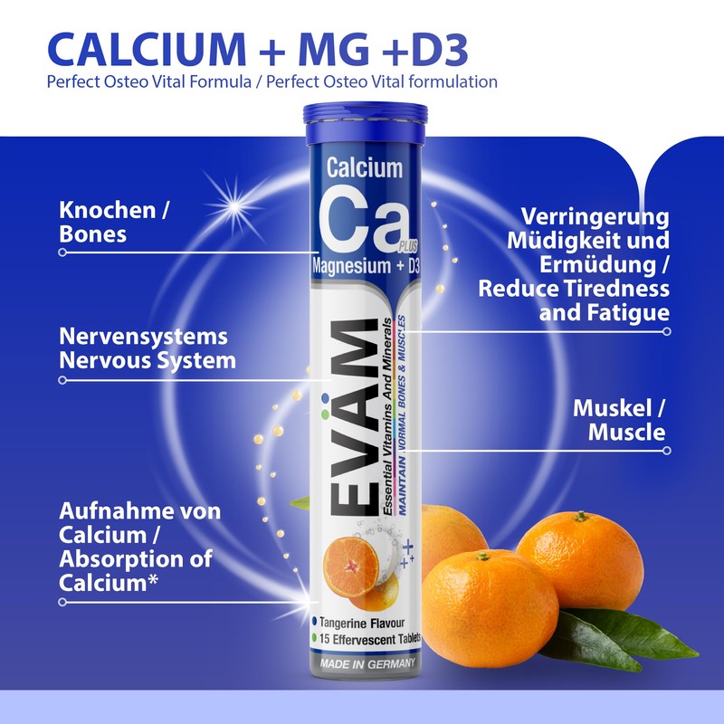 EVÄM Calcium Magnesium D3 Effervescent Tablets, Mandarin Flavour, 3 x