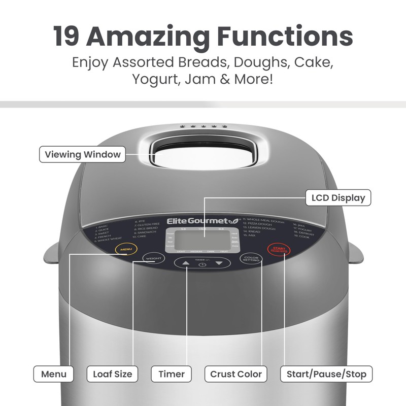 Elite Gourmet EBM8103SS Programmable Bread Maker Machine, 3 Loaf Sizes,