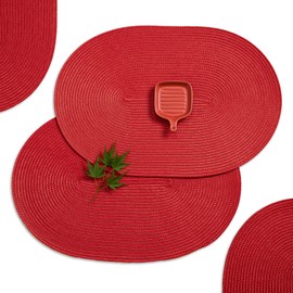 AHHFSMEI Placemats Set of 6 for Dining Table Washable Woven Vinyl Non-Slip 18x12 inches Placemat Heat-Resistant Durable Table Mats for Dining Table Easy to Clean (Oval red, 6)