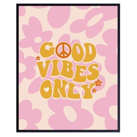 70s Hippie Aesthetic Room Decor - 60s Vintage Retro style Peace Pop art - Groovy College Dorm Room Decor for Women - Cute Pink Wall Art for Teen Girls - Good Vibes Only Sign for Preppy Bedroom, Bath